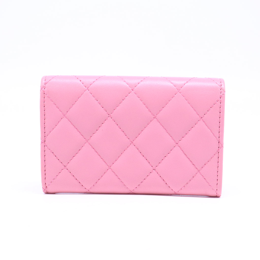 Pink Quilted Lambskin Leather Flap Card Holder