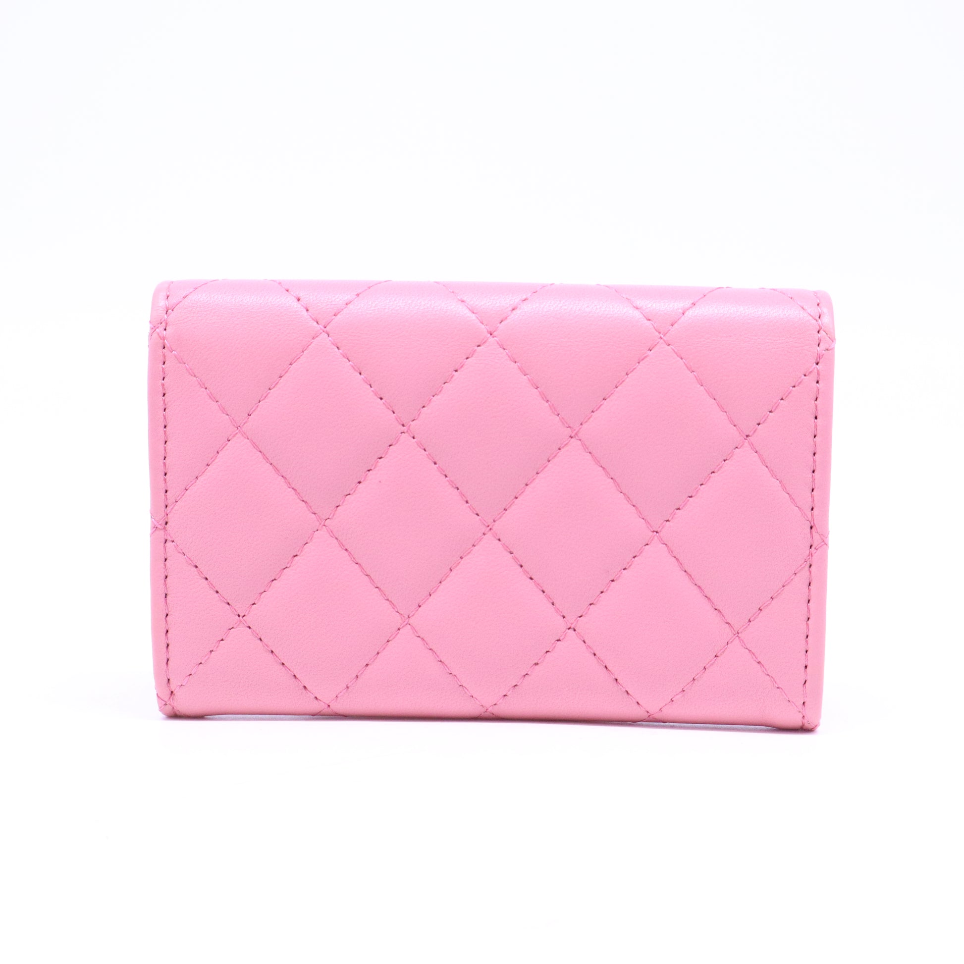 Pink Quilted Lambskin Leather Flap Card Holder