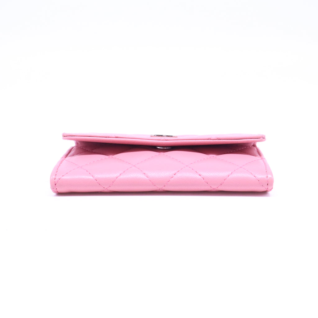 Pink Quilted Lambskin Leather Flap Card Holder
