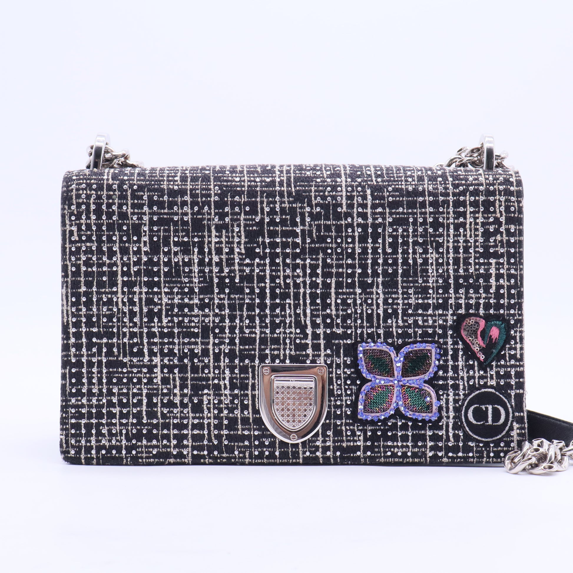 Christian Dior Black/White Tweed Embellished Diorama Medium Flap Bag B20220 twins