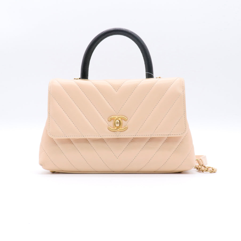 Calfskin Lizard Chevron Quilted Mini Coco Handle Flap Beige twins