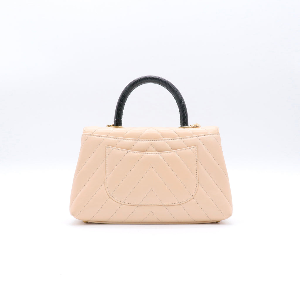 Calfskin Lizard Chevron Quilted Mini Coco Handle Flap Beige twins