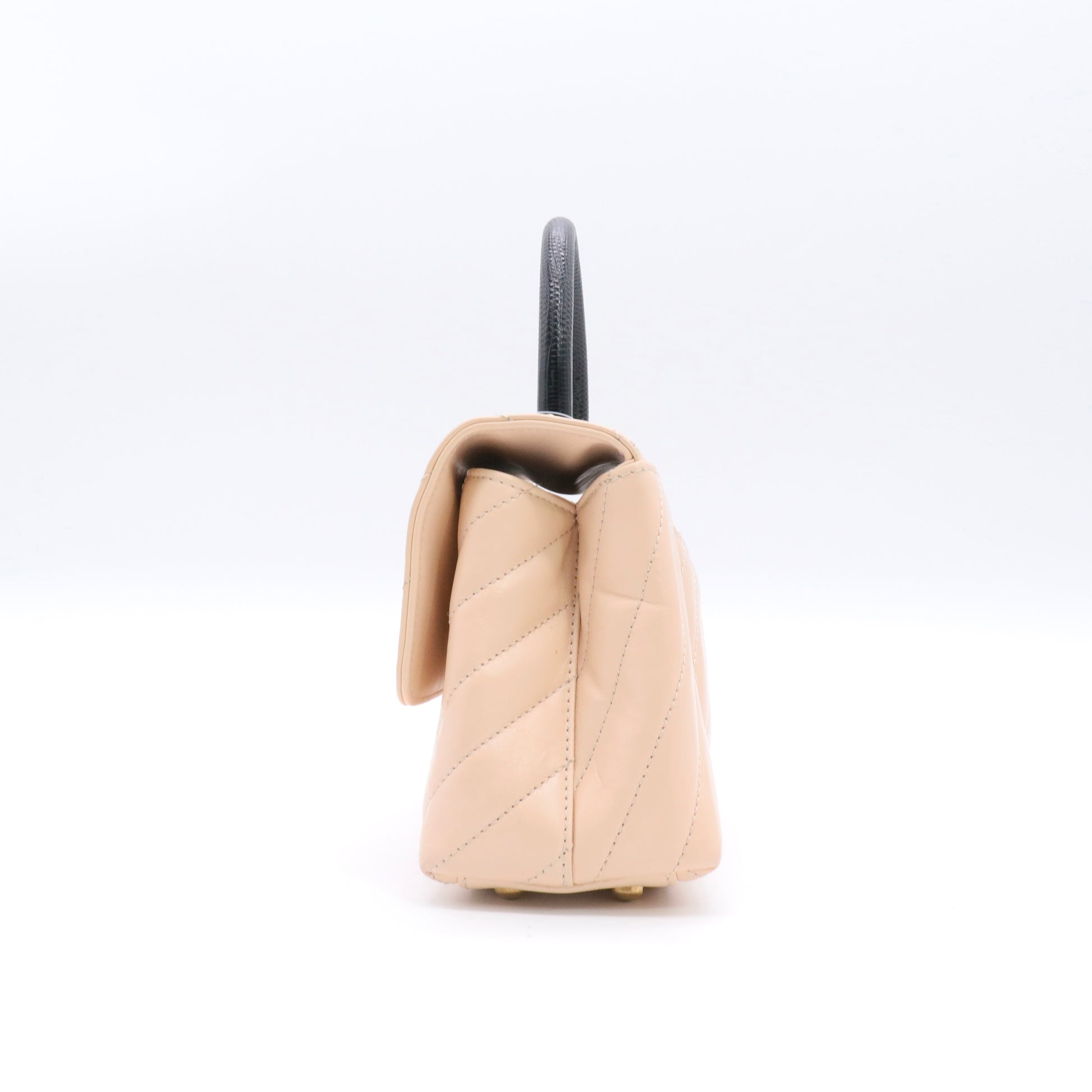 Calfskin Lizard Chevron Quilted Mini Coco Handle Flap Beige twins