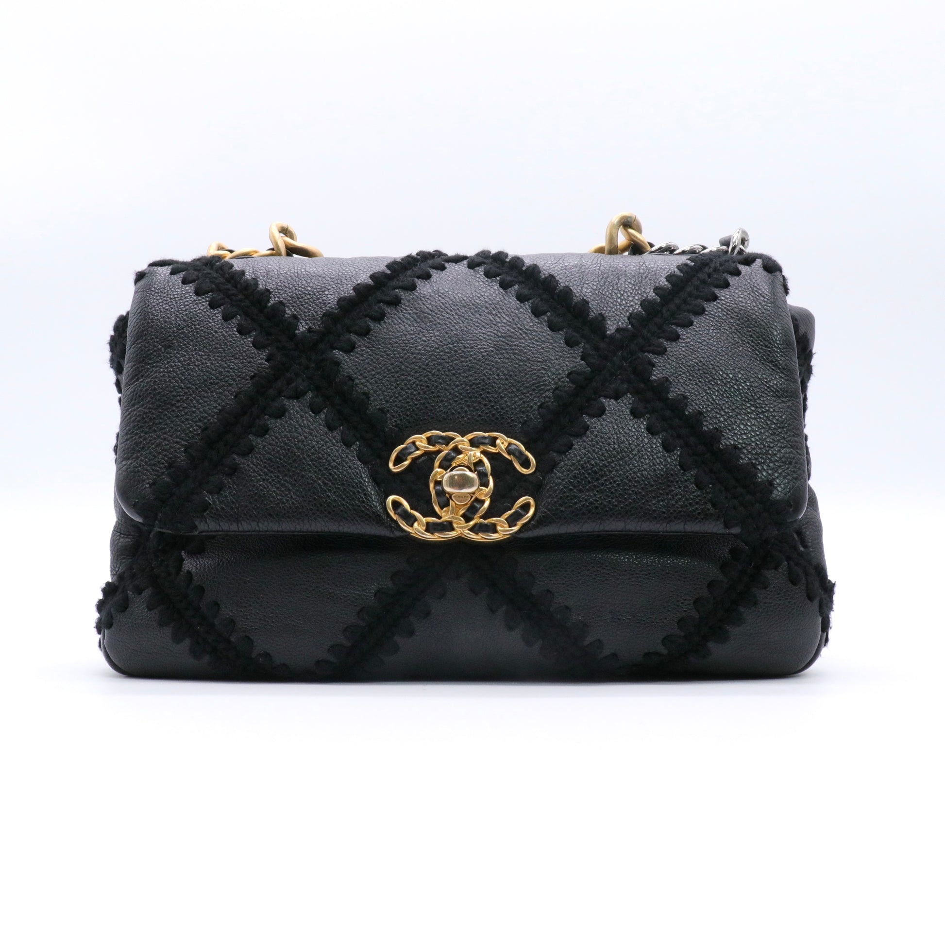 Calfskin Crochet Large Chanel 19 Flap Black twins