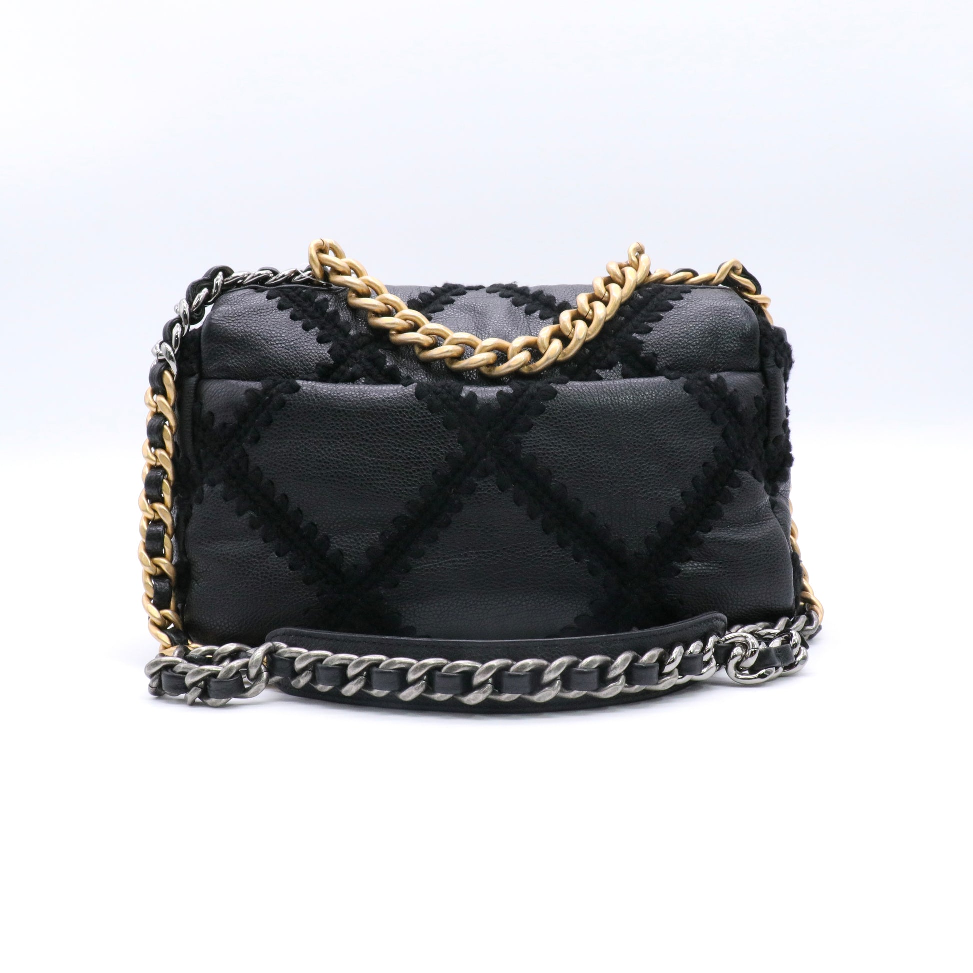 Calfskin Crochet Large Chanel 19 Flap Black twins