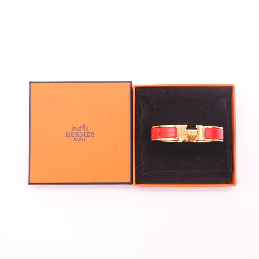 Hermes Coral Enamel Gold Plated Clic H PM Narrow Bracelet twins LDZ408