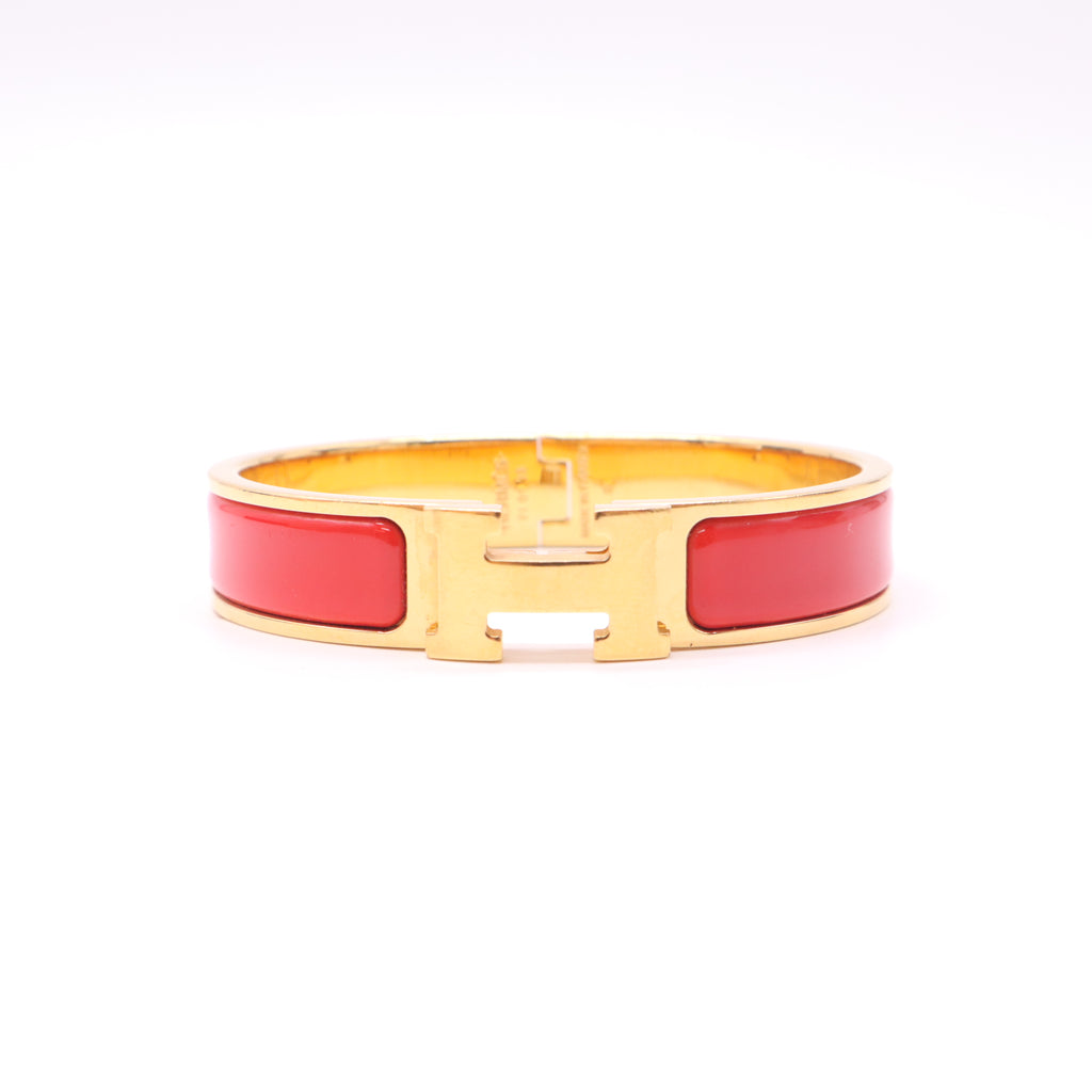 Hermes Coral Enamel Gold Plated Clic H PM Narrow Bracelet twins LDZ408