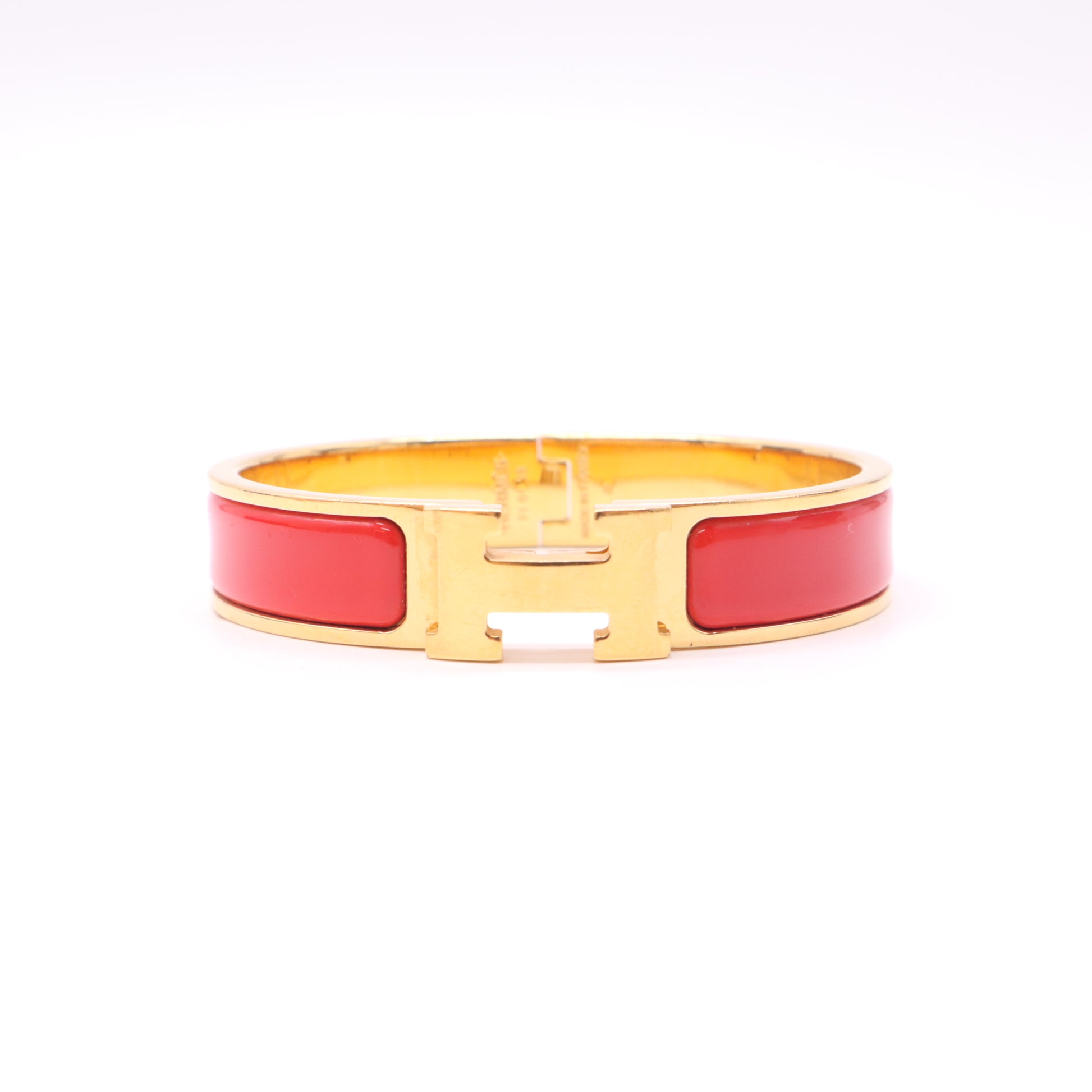 Hermes Coral Enamel Gold Plated Clic H PM Narrow Bracelet twins LDZ408