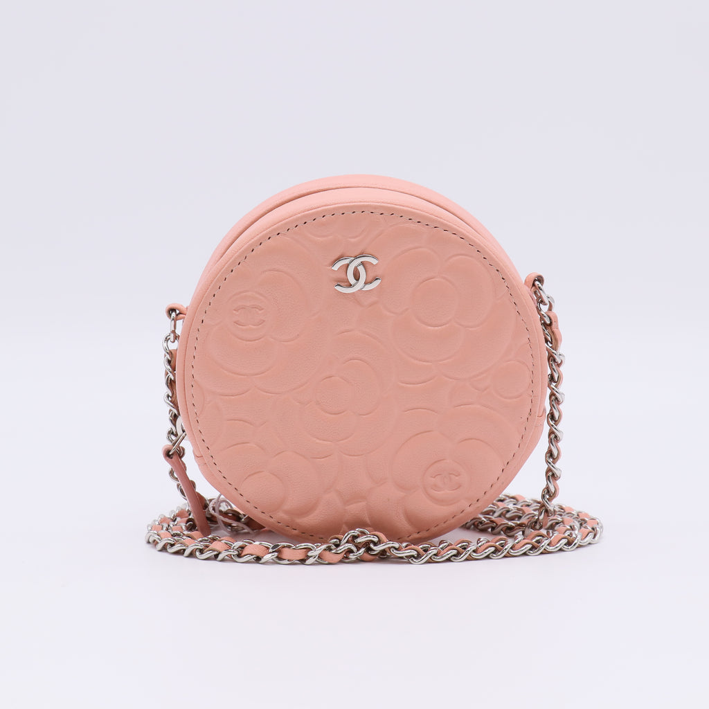 Chanel Iridescent Pink Camellia Embossed Goatskin Leather Round Clutch Bag twins LDZ402