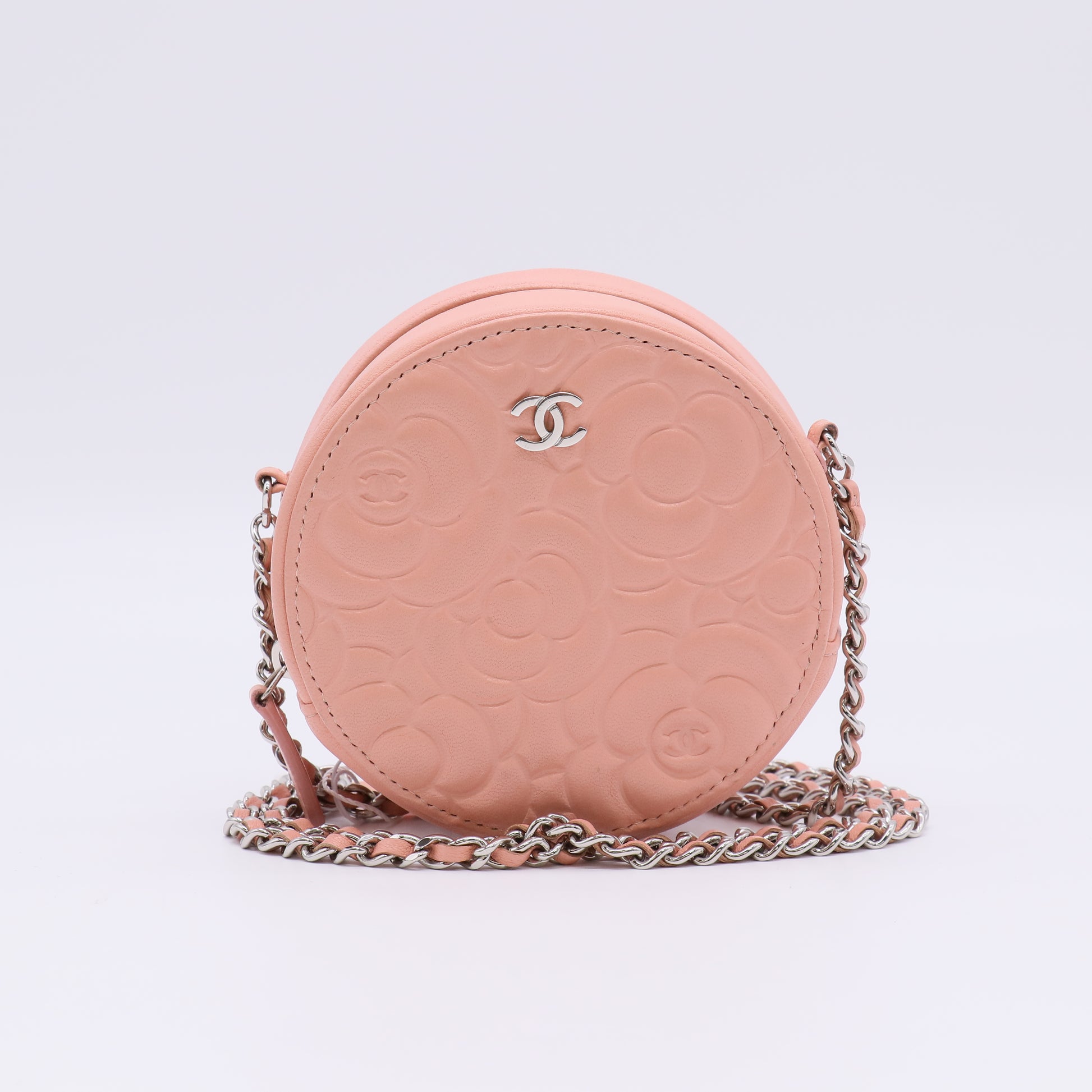 Chanel Iridescent Pink Camellia Embossed Goatskin Leather Round Clutch Bag twins LDZ402