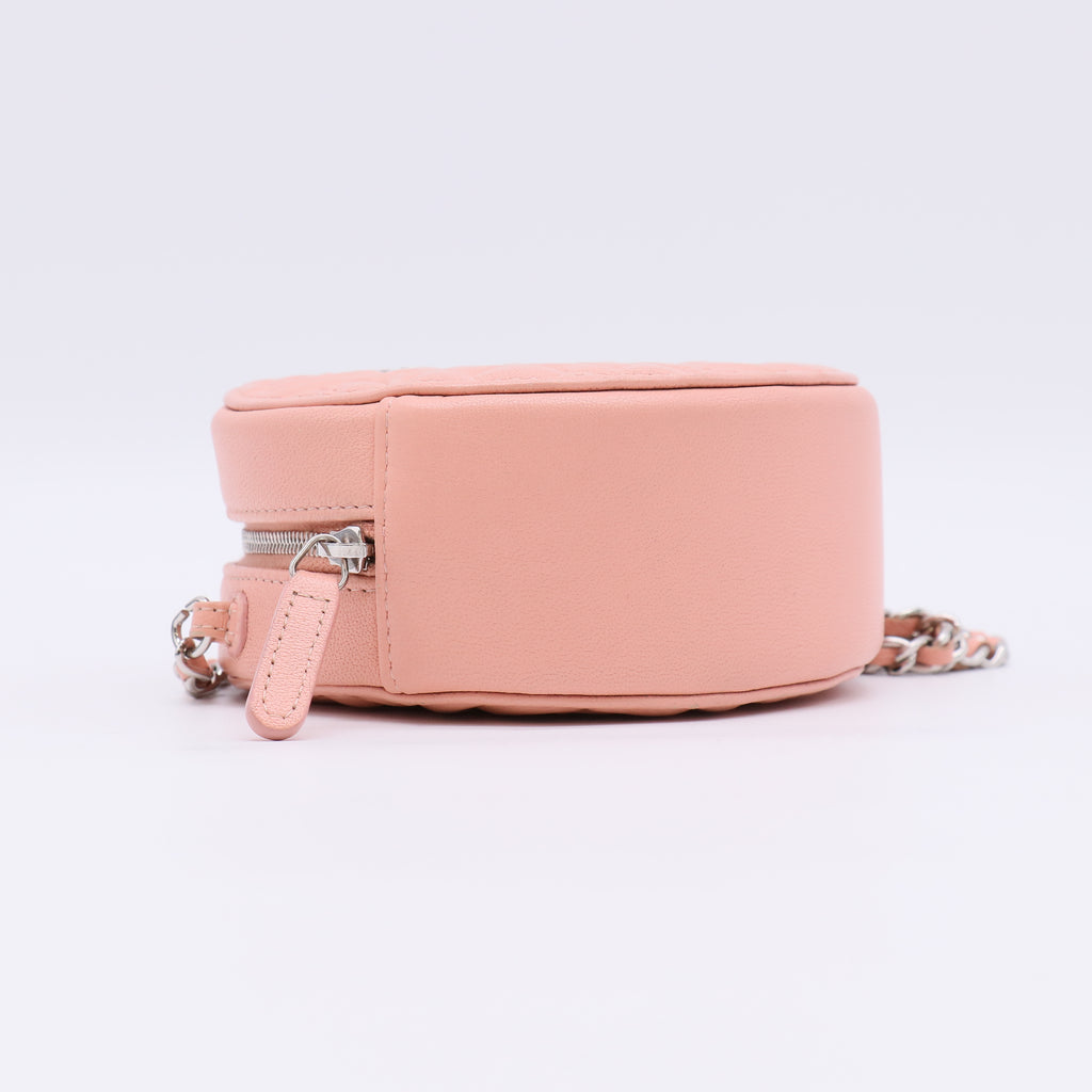 Chanel Iridescent Pink Camellia Embossed Goatskin Leather Round Clutch Bag twins LDZ402