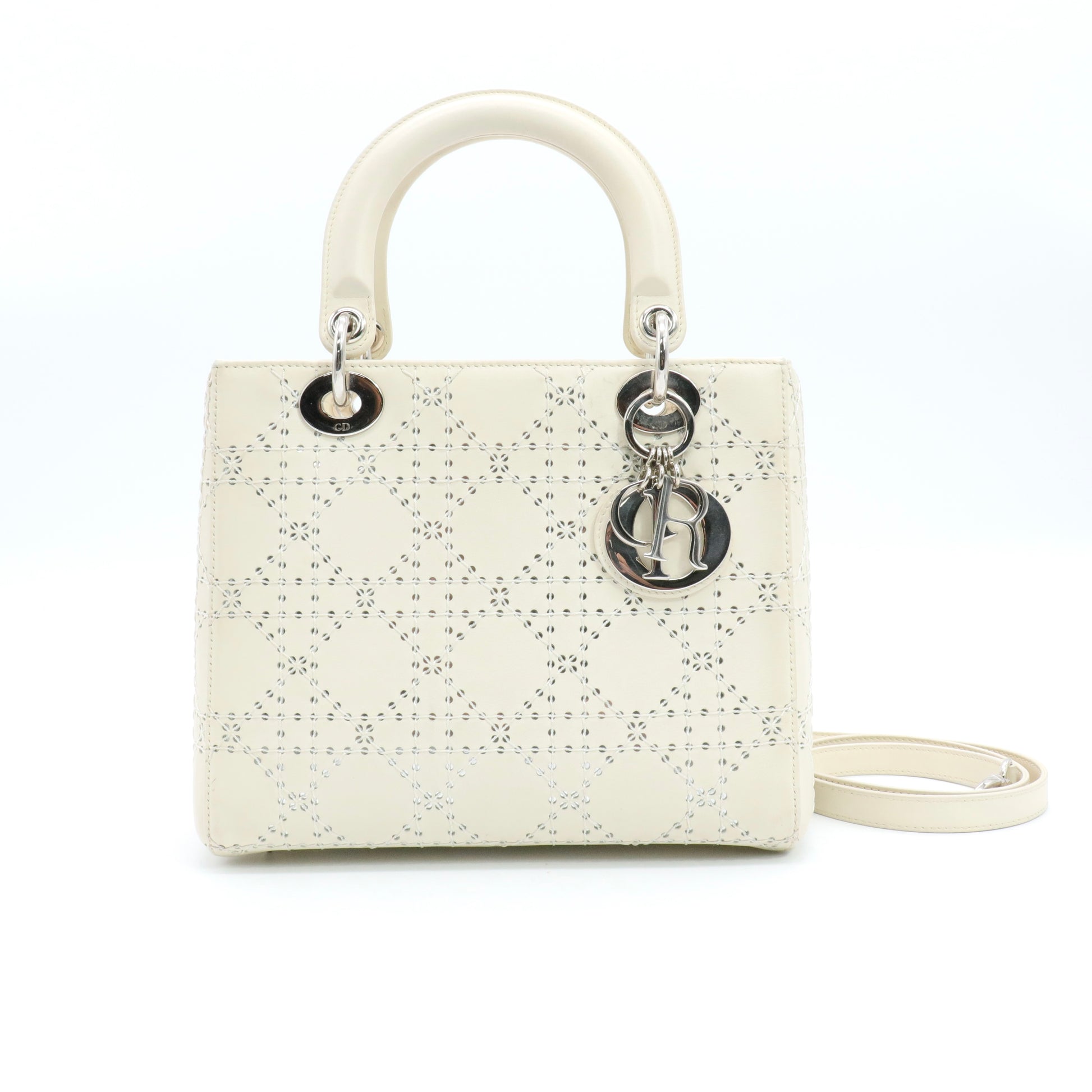 White Medium Perforated Calfskin Cannage Lady Dior twins