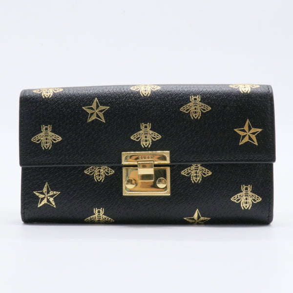 Grained Calfskin Bee Star Continental Chain Wallet Black