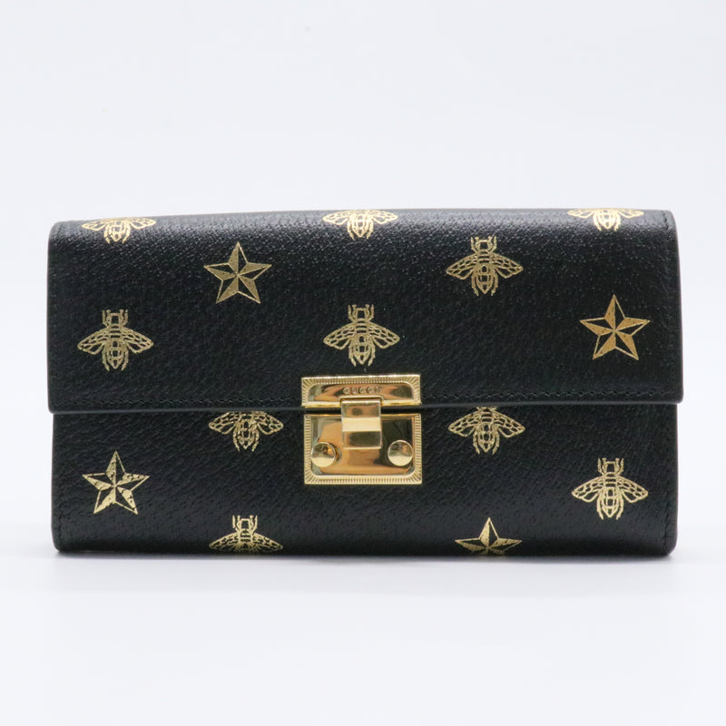 Grained Calfskin Bee Star Continental Chain Wallet Black