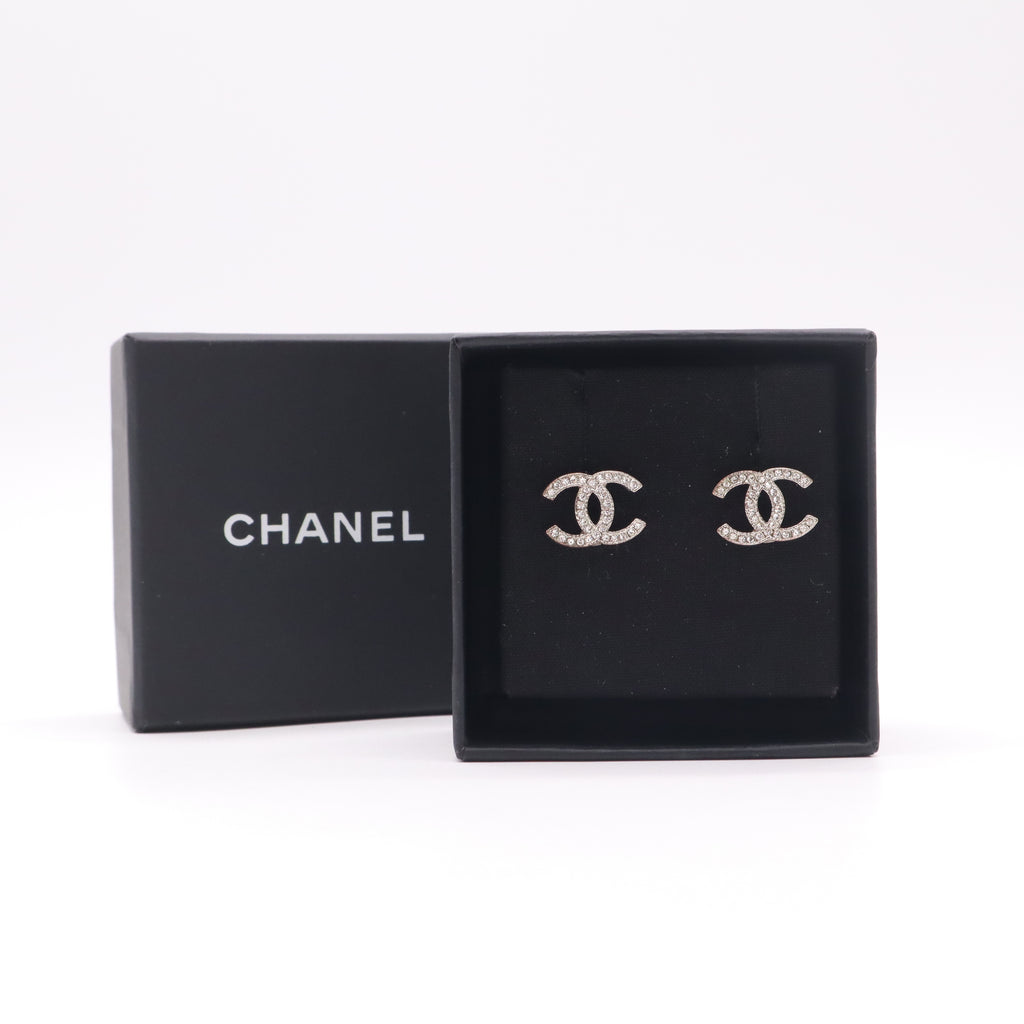 Chanel Classic Silver CC Crystal Stud Earrings twins W22499