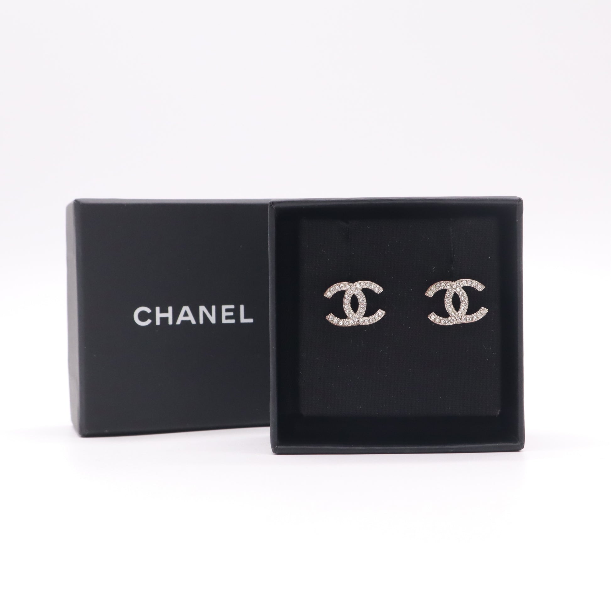 Chanel Classic Silver CC Crystal Stud Earrings twins W22499