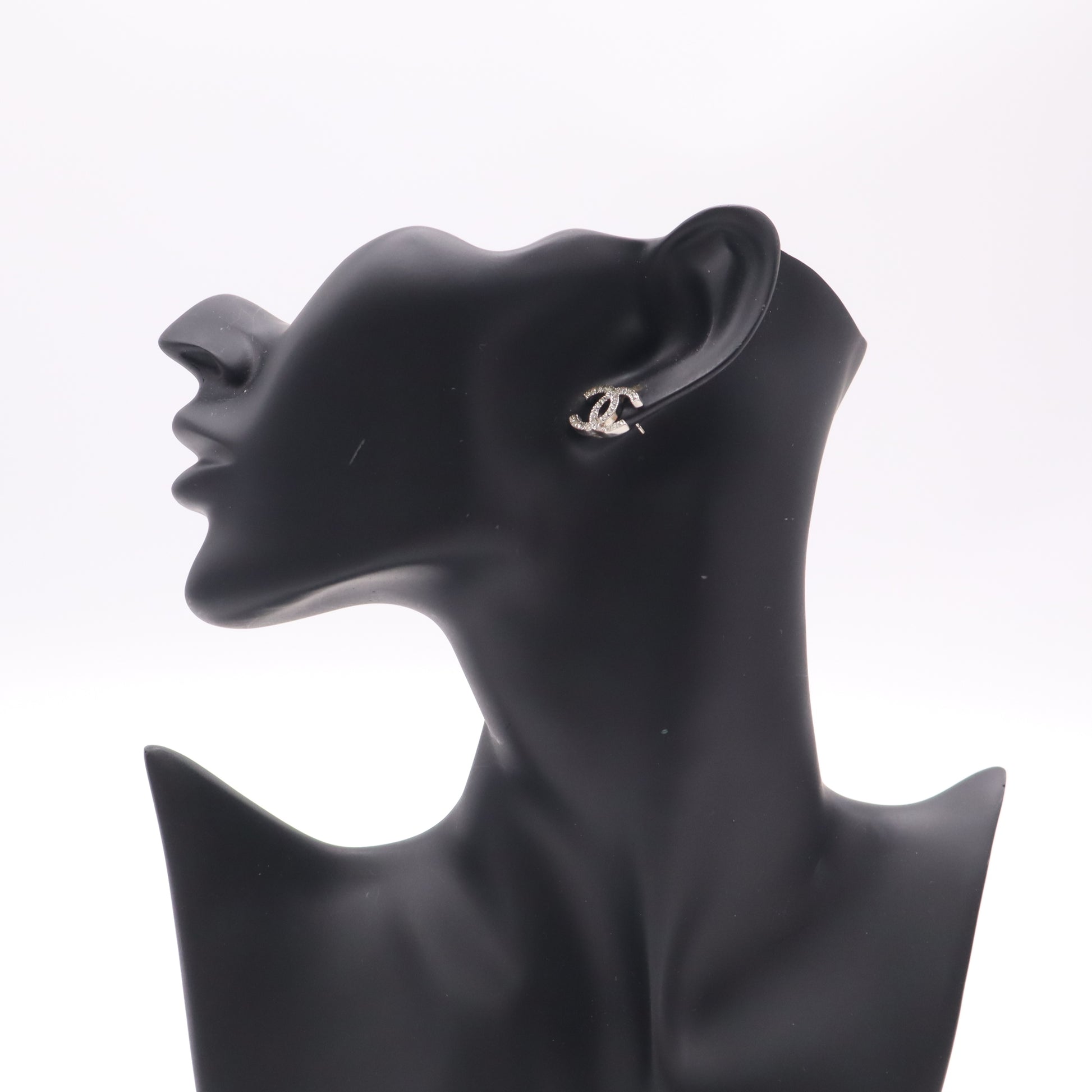 Chanel Classic Silver CC Crystal Stud Earrings twins W22499