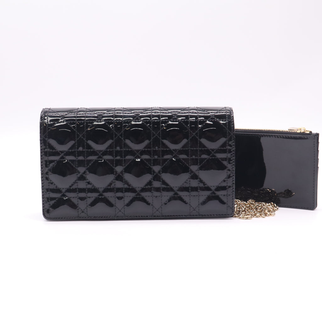 Christian Dior Patent Cannage Lady Dior Chain Pouch Black twins B23338