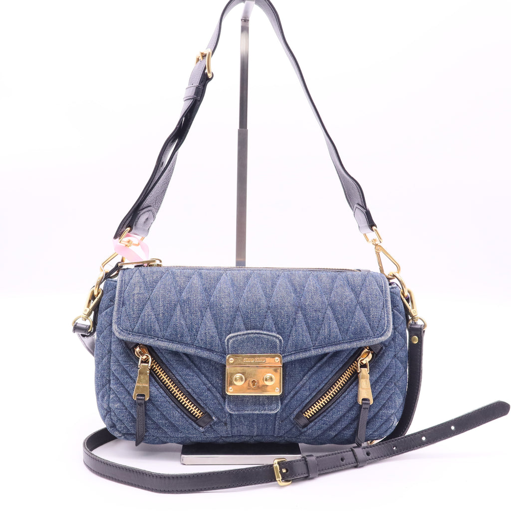 Miu Miu Blue Matelasse Denim Biker Shoulder Bag twins
