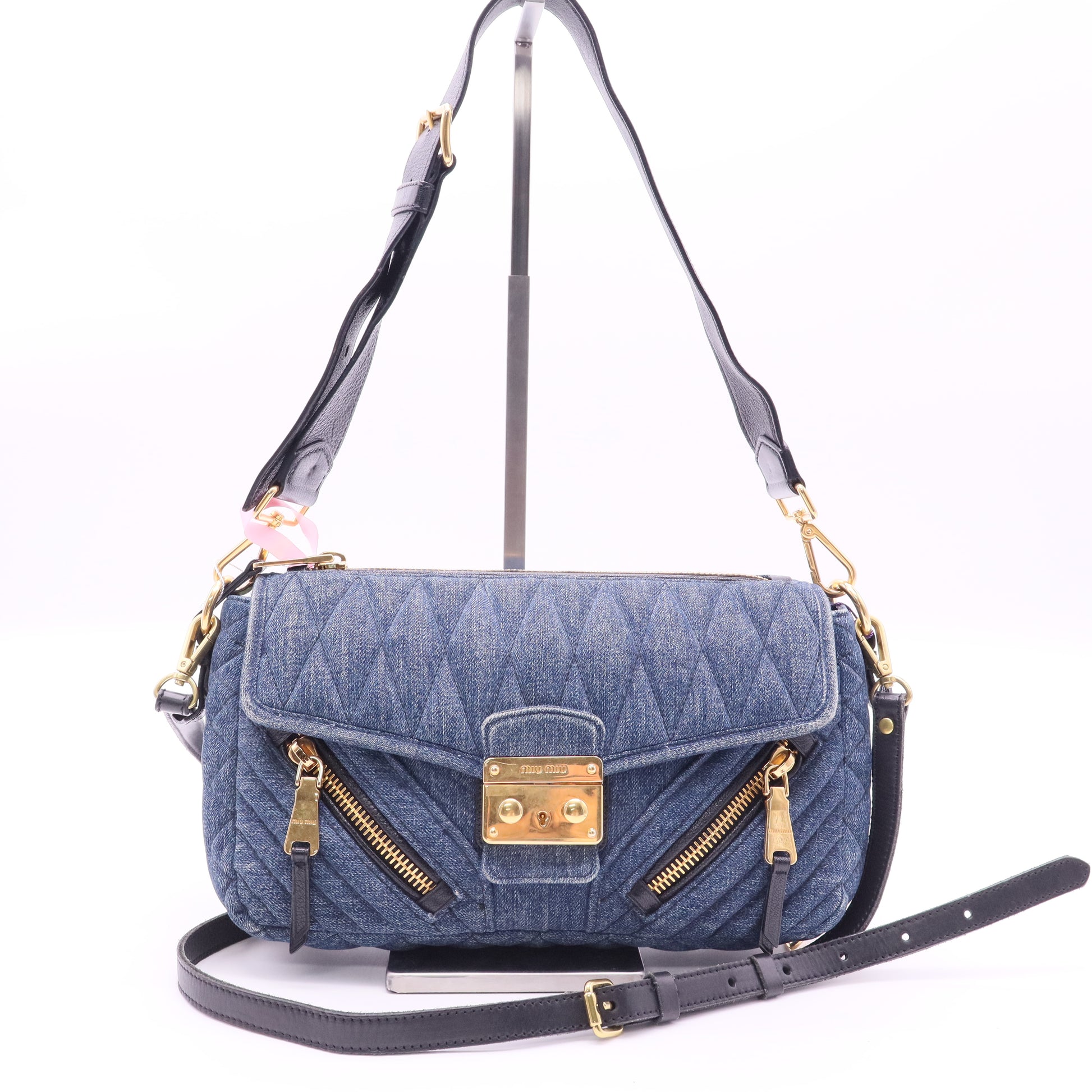 Miu Miu Blue Matelasse Denim Biker Shoulder Bag twins