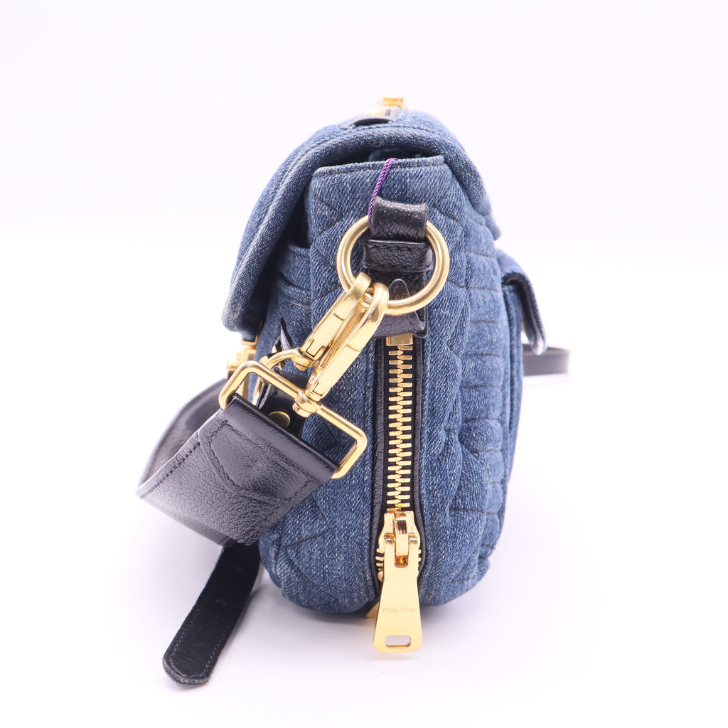 Miu Miu Blue Matelasse Denim Biker Shoulder Bag twins
