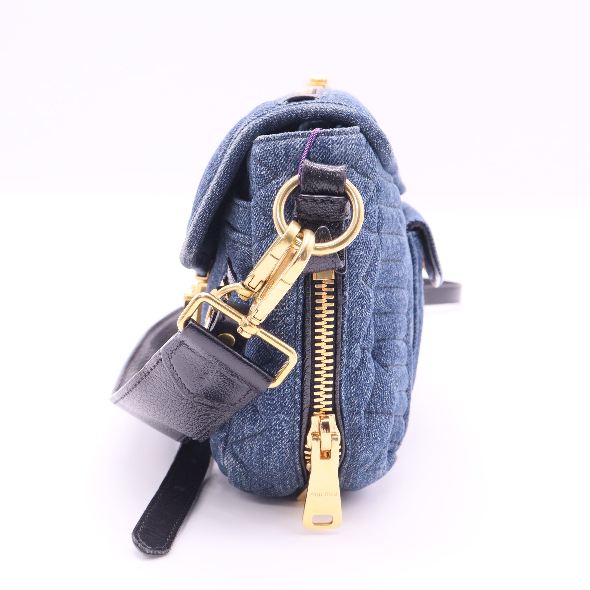 Miu Miu Blue Matelasse Denim Biker Shoulder Bag twins