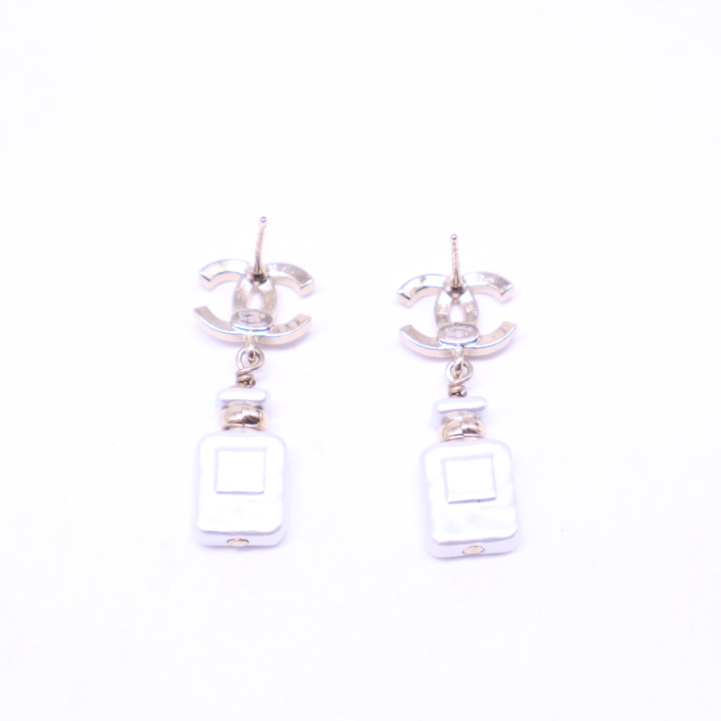 Gold Metal, Crystal and Pearl CC Drop Perfume Bottle Earrings W20837