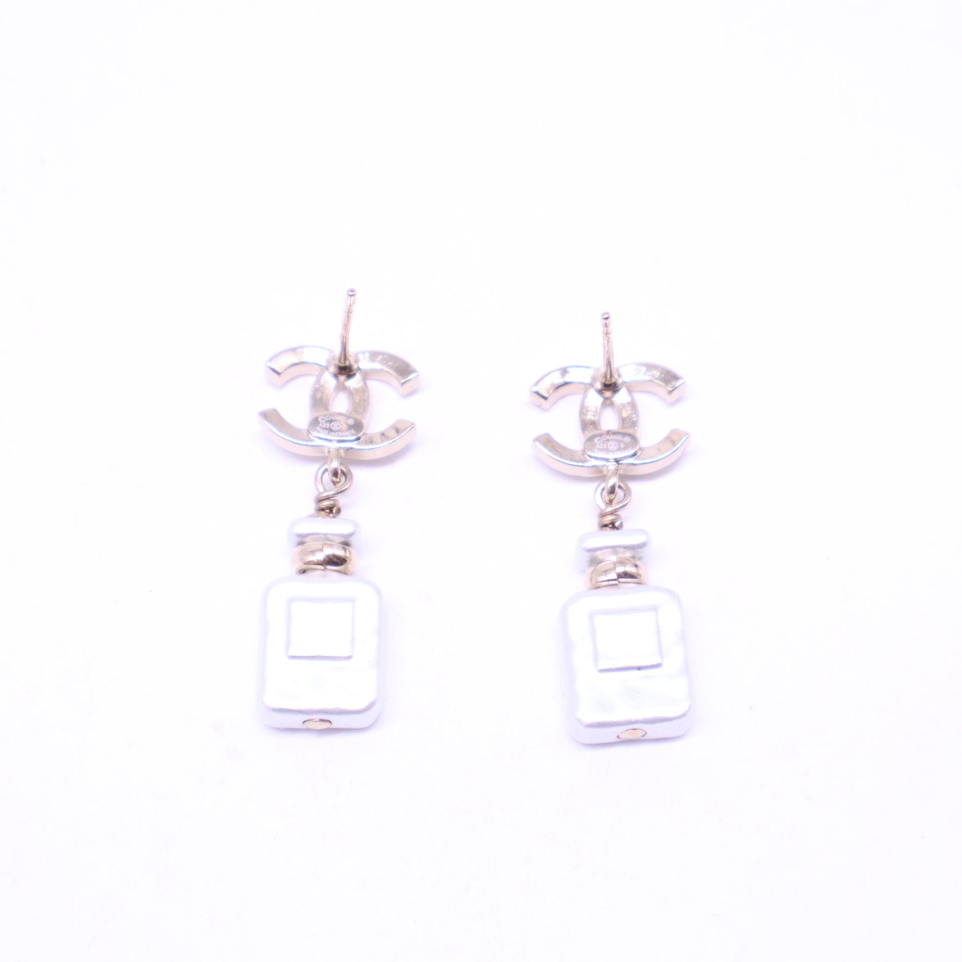 Gold Metal, Crystal and Pearl CC Drop Perfume Bottle Earrings W20837