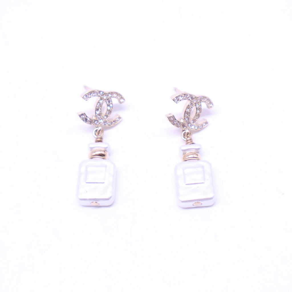 Gold Metal, Crystal and Pearl CC Drop Perfume Bottle Earrings W20837