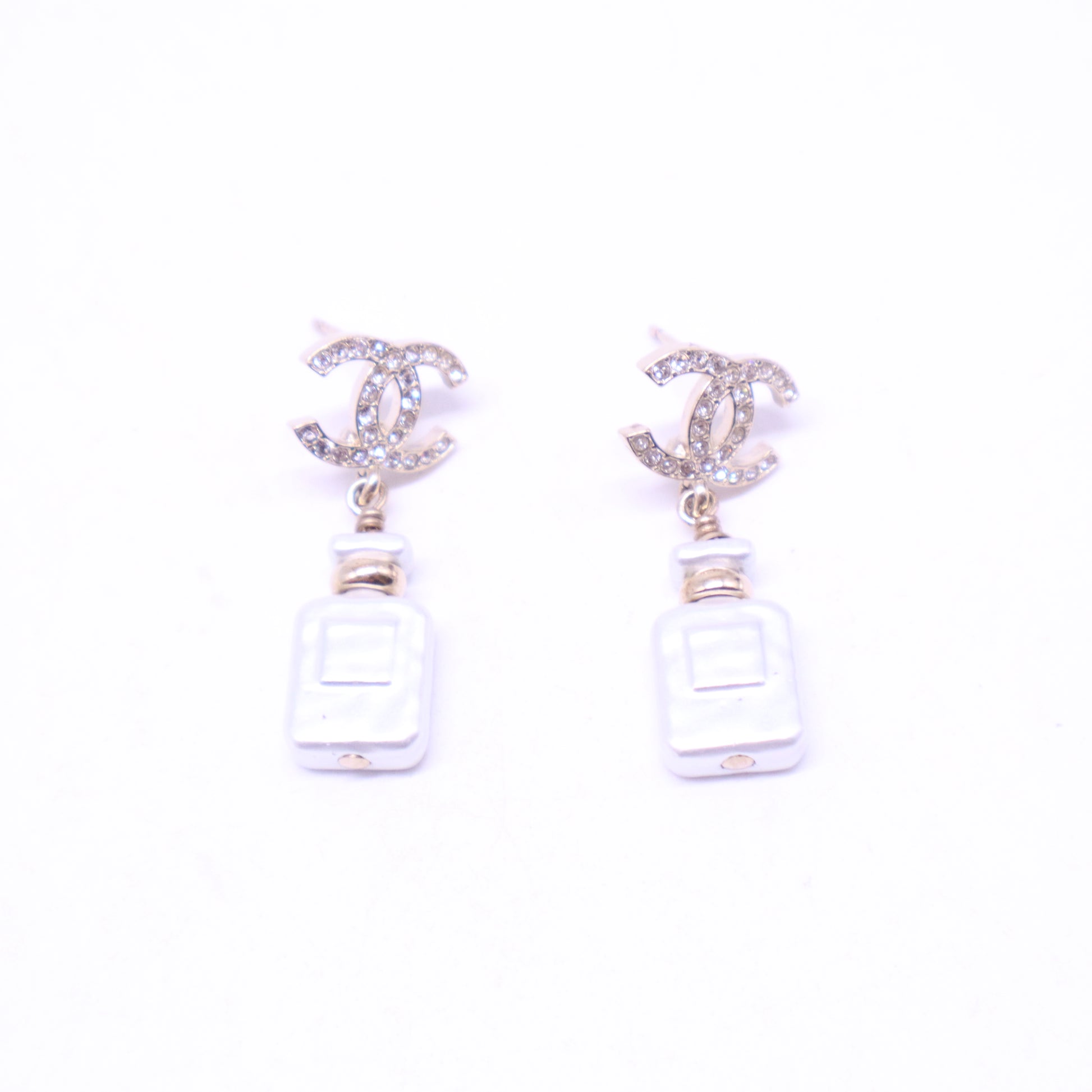 Gold Metal, Crystal and Pearl CC Drop Perfume Bottle Earrings W20837