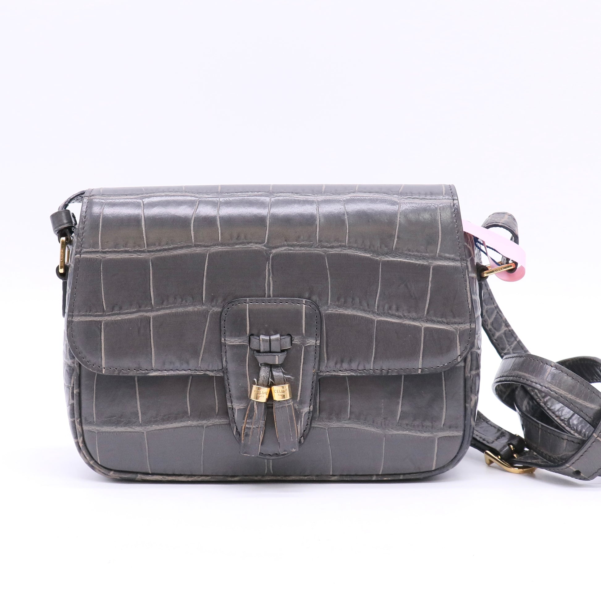 Celine Anthracite Croc Embossed Leather Medium Tassel Bag twins LDJ5564