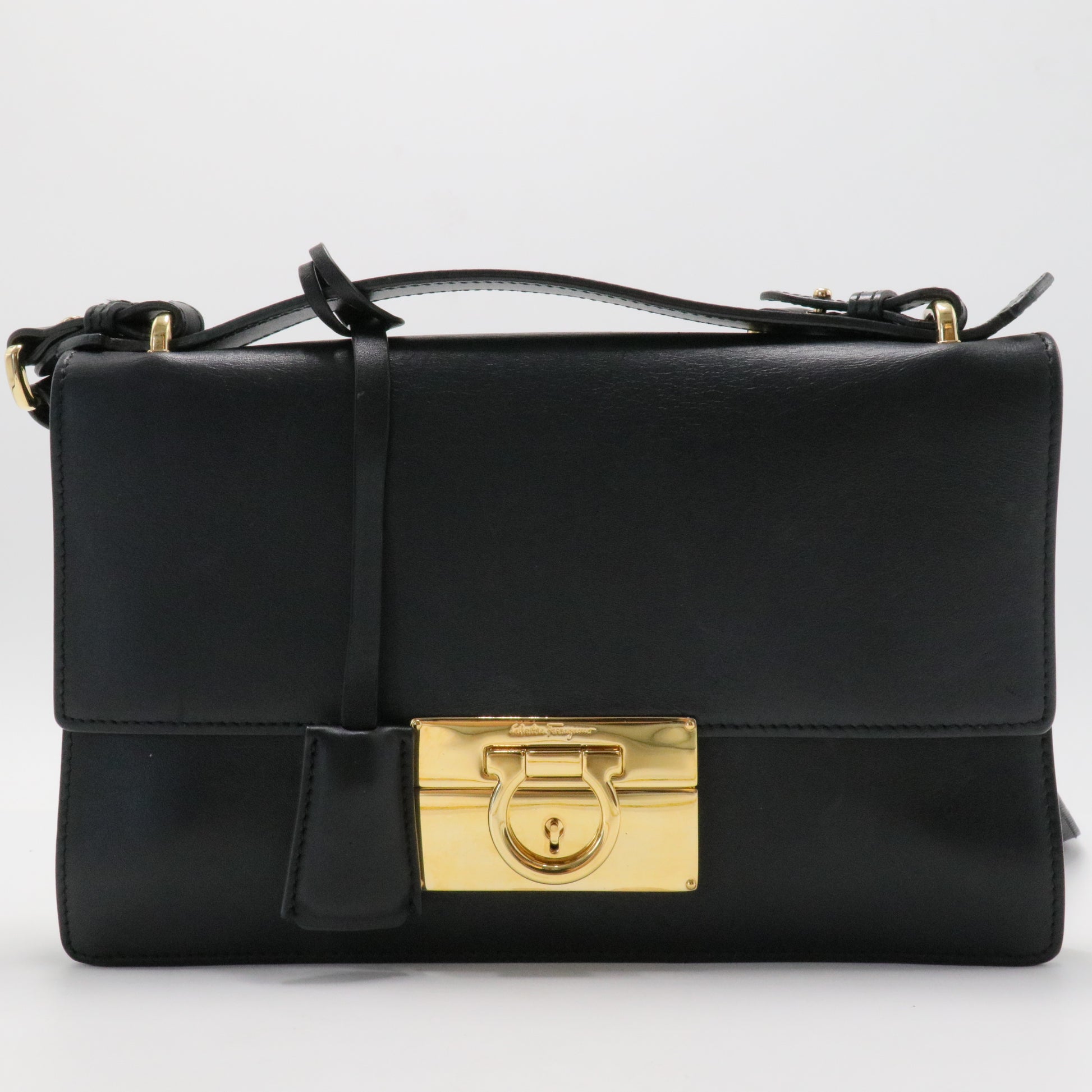Black Leather Gancio Lock Shoulder Bag