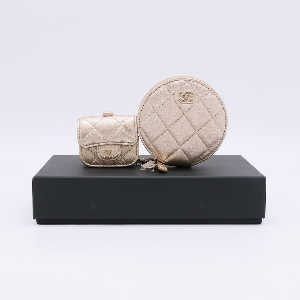 Chanel Metallic Lambskin Quilted Round Clip On Coin Purse twins LDJ5575