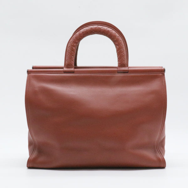 Bar Frame Top Handle Flap Bag Leather with Intrecciato Detail