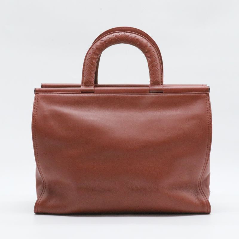 Bar Frame Top Handle Flap Bag Leather with Intrecciato Detail