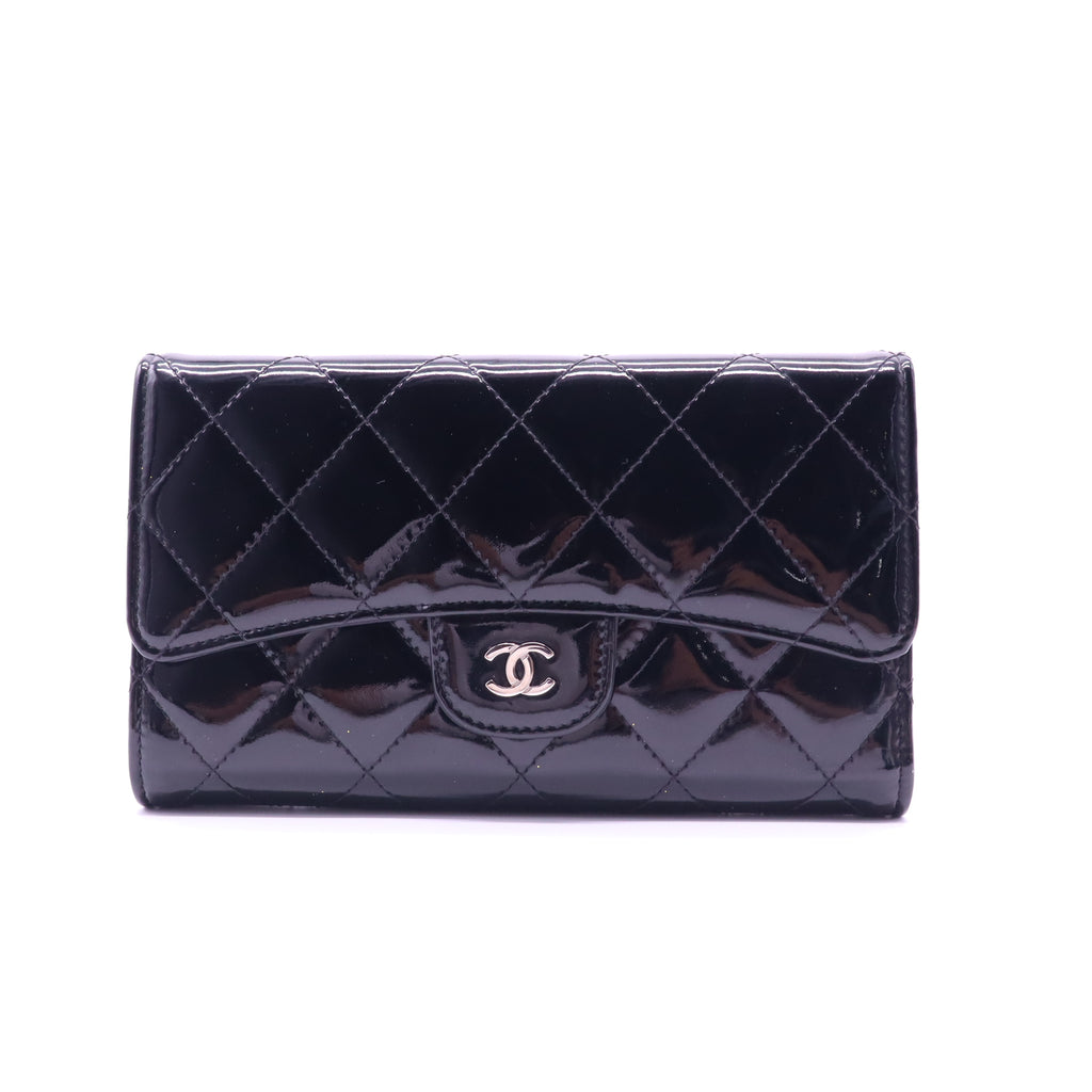 Chanel Patent Calfskin Quilted Large Flap Wallet Black twins W21481