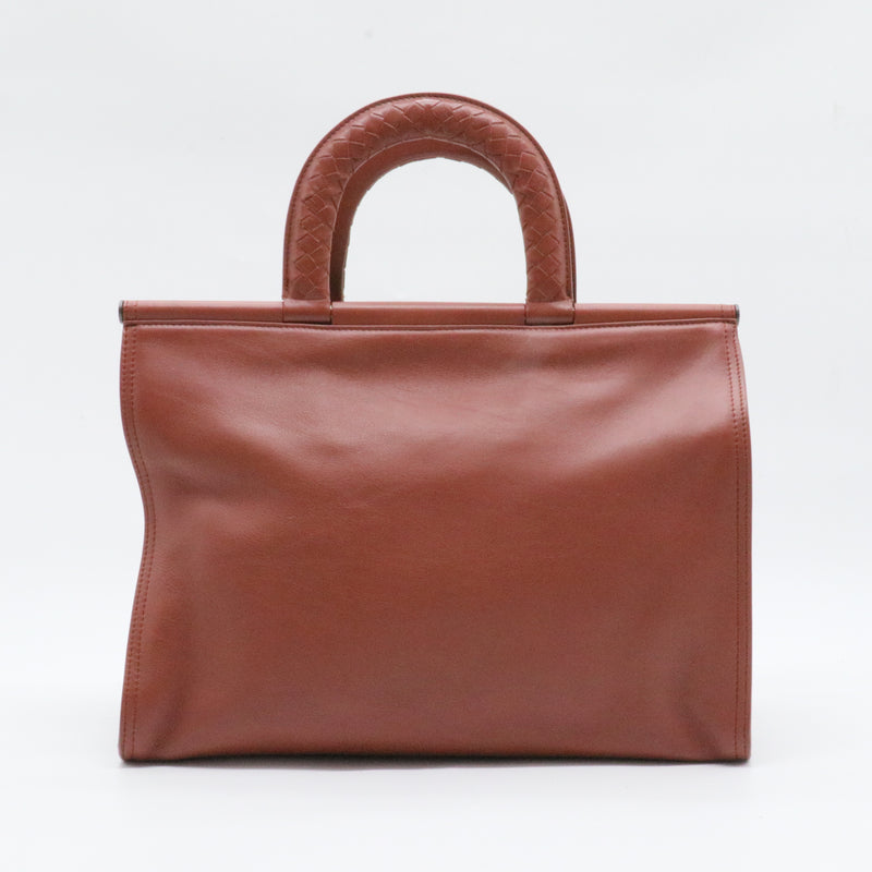 Bar Frame Top Handle Flap Bag Leather with Intrecciato Detail