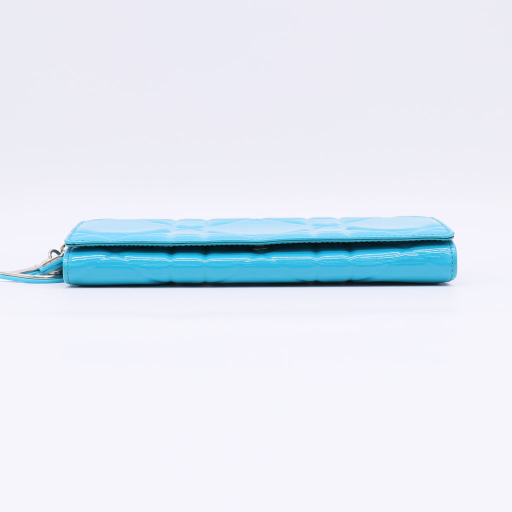 Turquoise Quilted Cannage Patent Leather Lady Dior Wallet on Chain Bag W22562