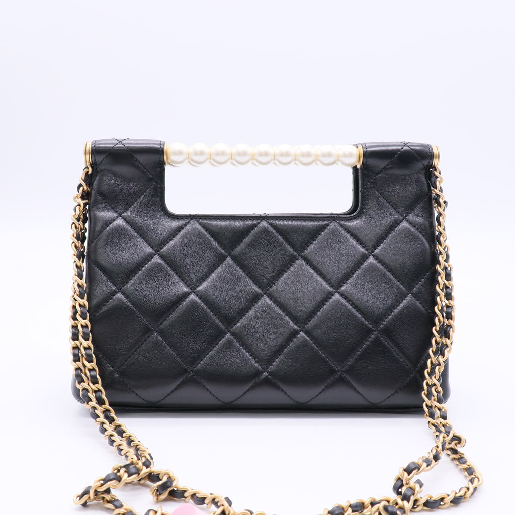 CC Pearls Bar Handle Shopping Bag Quilted Shiny Lambskin Small Twins