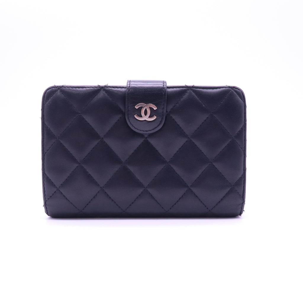 Black Quilted Lambskin Leather L-Zip Compact French Purse Wallet W21299