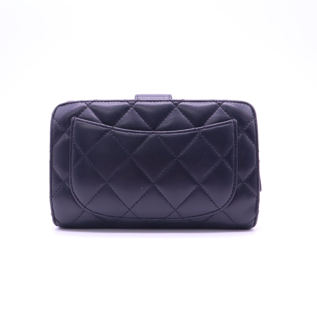 Black Quilted Lambskin Leather L-Zip Compact French Purse Wallet W21299