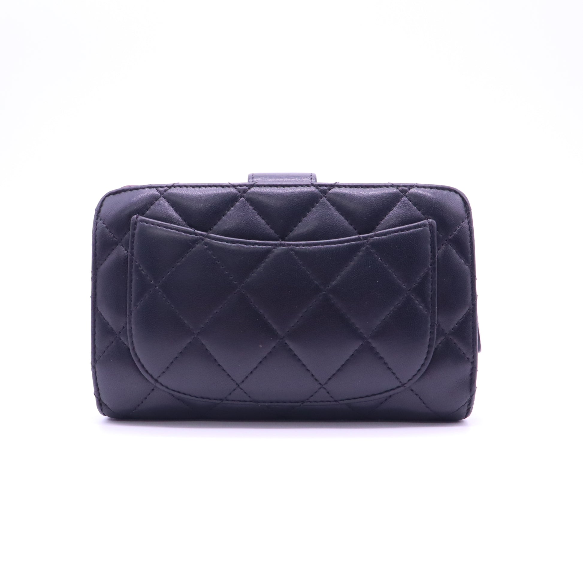 Black Quilted Lambskin Leather L-Zip Compact French Purse Wallet W21299