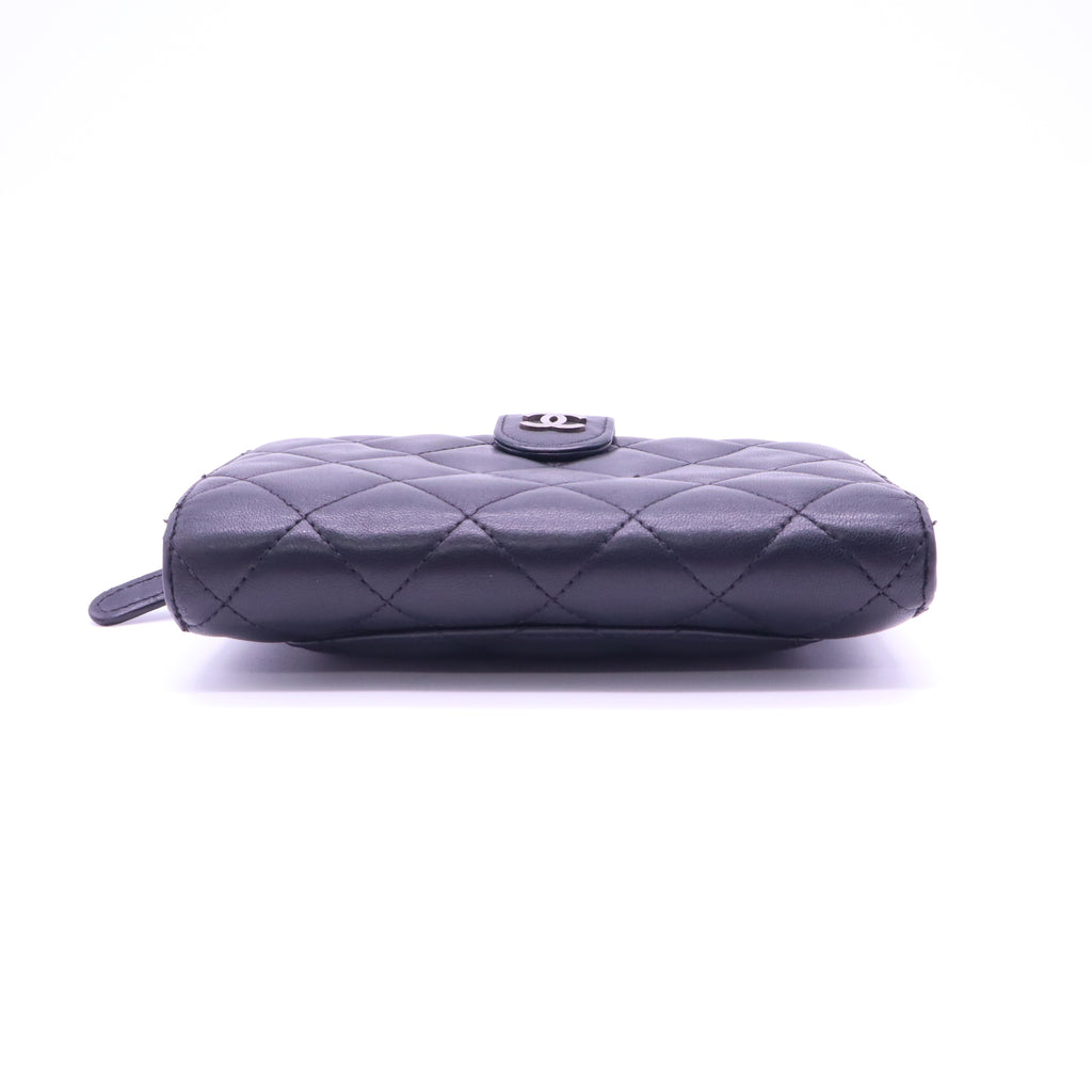 Black Quilted Lambskin Leather L-Zip Compact French Purse Wallet W21299