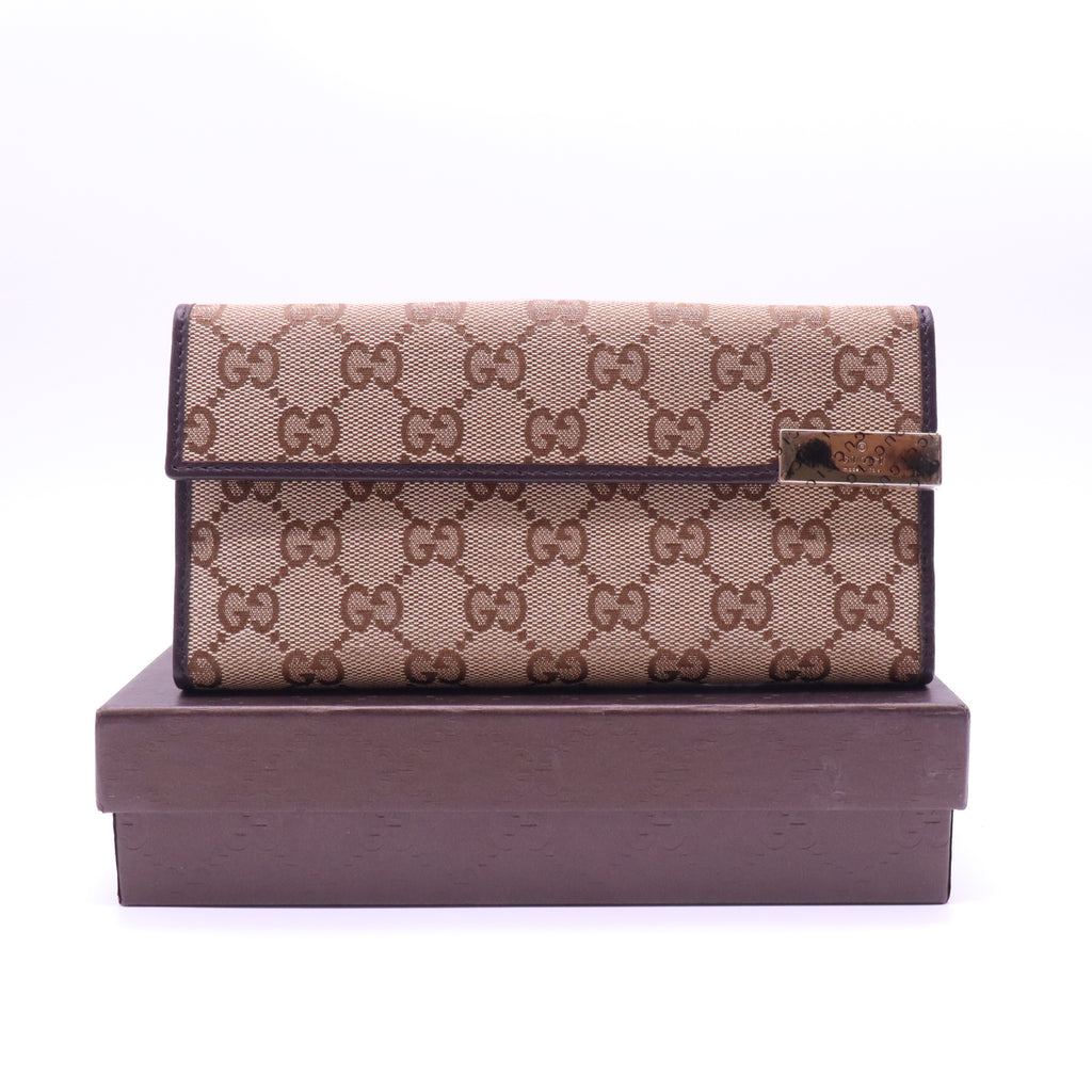 Gucci GG Canvas Metal Bar Continental Flap Wallet W21466
