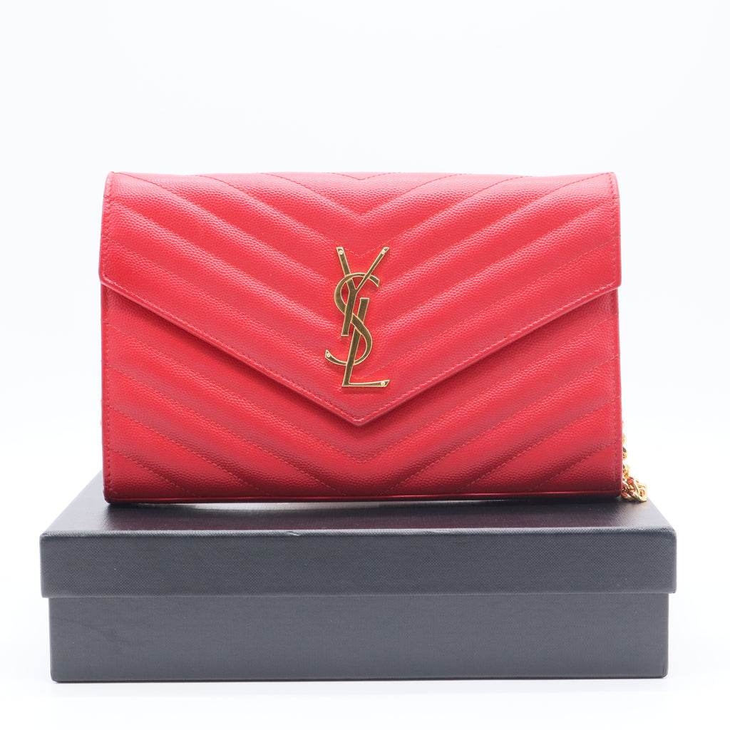 Red Chevron Quilted Grained Leather Envelope Wallet on Chain Bag