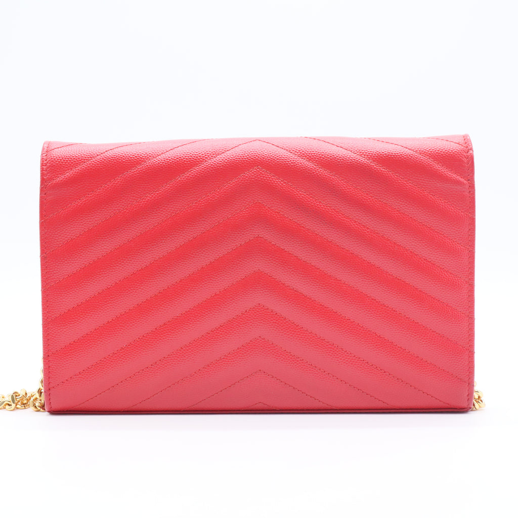Red Chevron Quilted Grained Leather Envelope Wallet on Chain Bag
