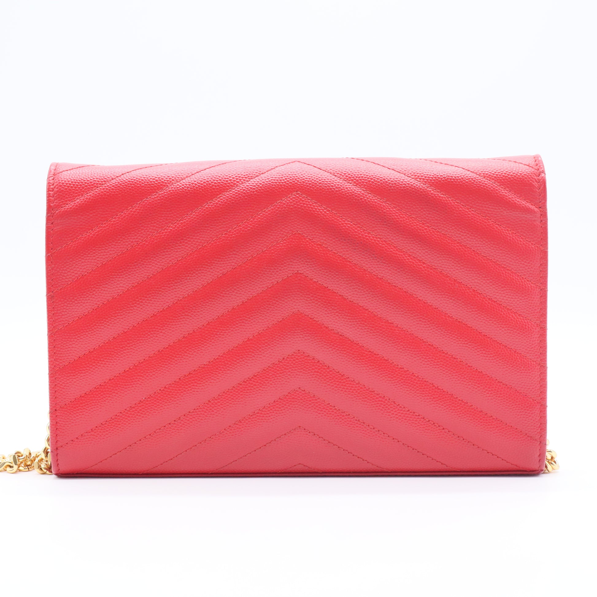 Red Chevron Quilted Grained Leather Envelope Wallet on Chain Bag