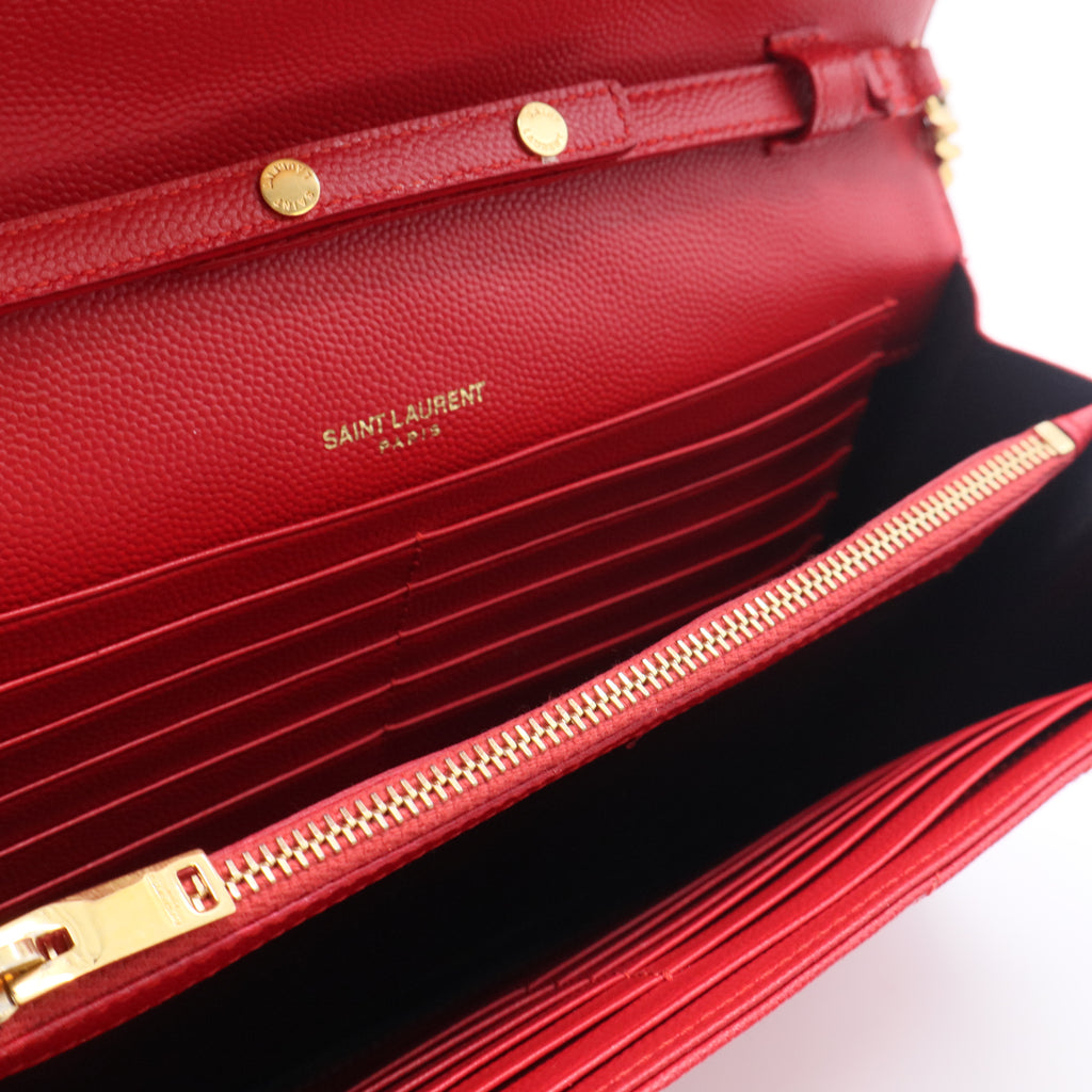 Red Chevron Quilted Grained Leather Envelope Wallet on Chain Bag