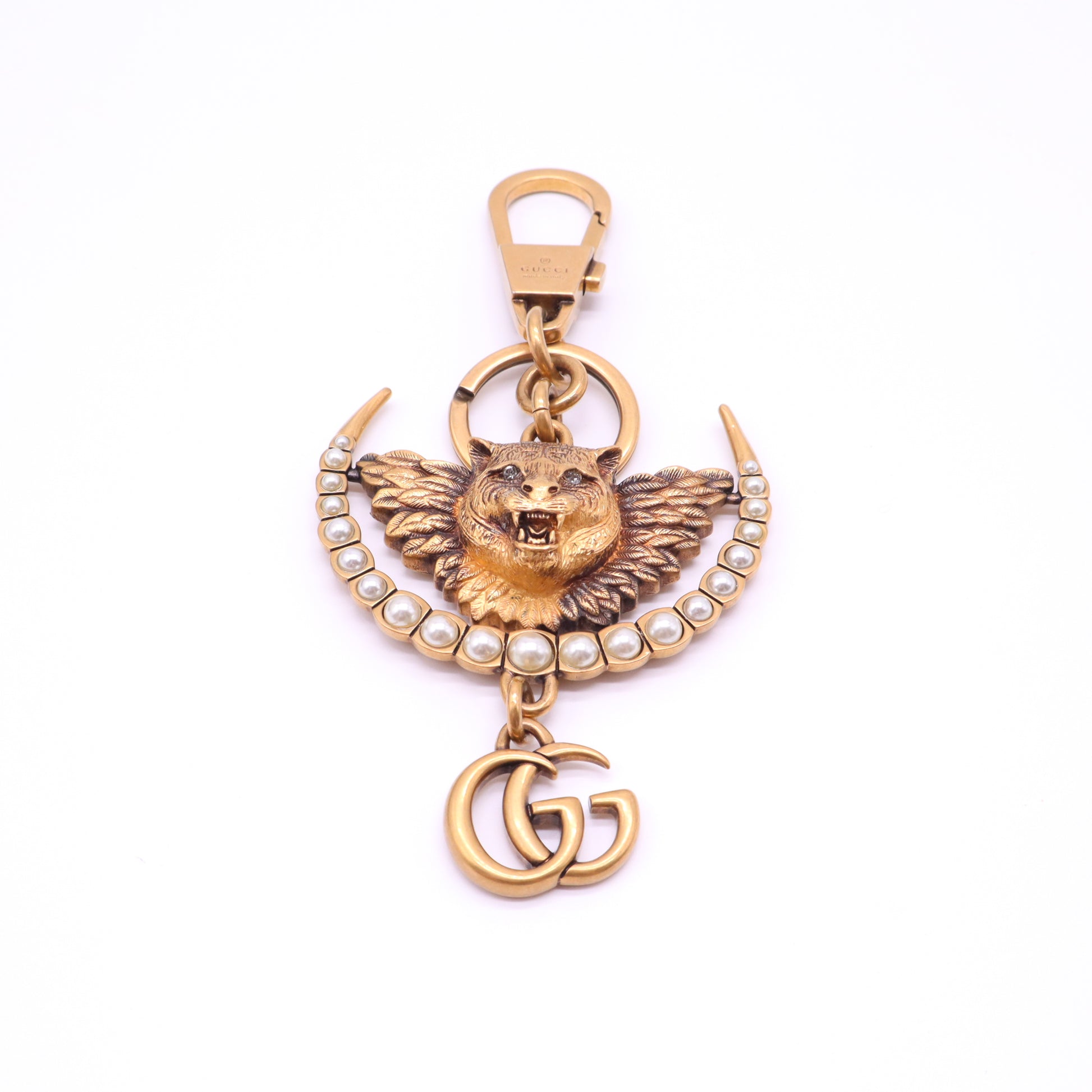 Gucci Interlocking GG Metal Winged Tiger Head Pearl Keychain Charm W21489