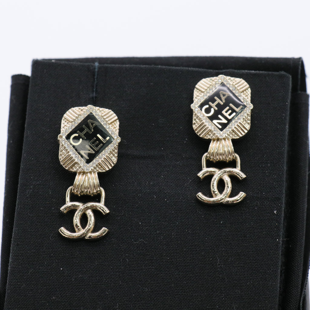 Resin Crystal Quilted CC Drop Earrings Black Twins